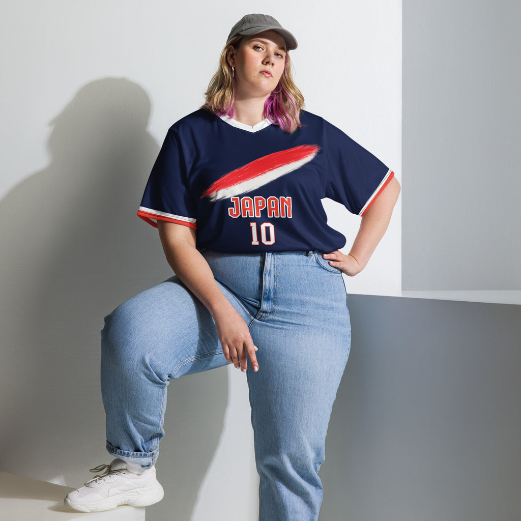 all-over-print-recycled-unisex-sports-jersey-Japan-Prime-edition-soccer-jersey-modern-minimalist-design-inspired-by-Japanese-aesthetics-premium-national-team-fanwear-model-front-view2-female