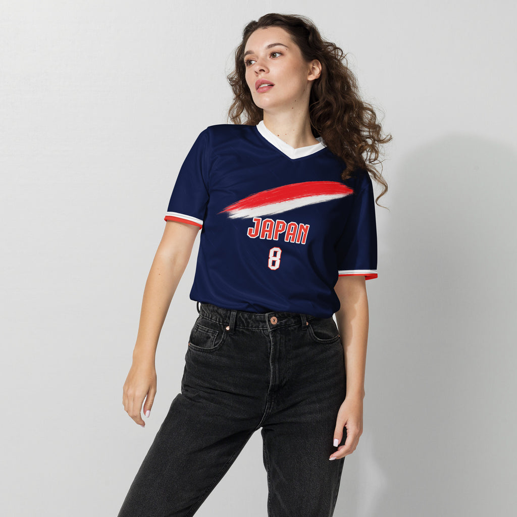 all-over-print-recycled-unisex-sports-jersey-Japan-Prime-edition-soccer-jersey-modern-minimalist-design-inspired-by-Japanese-aesthetics-premium-national-team-fanwear-female-model-front-view