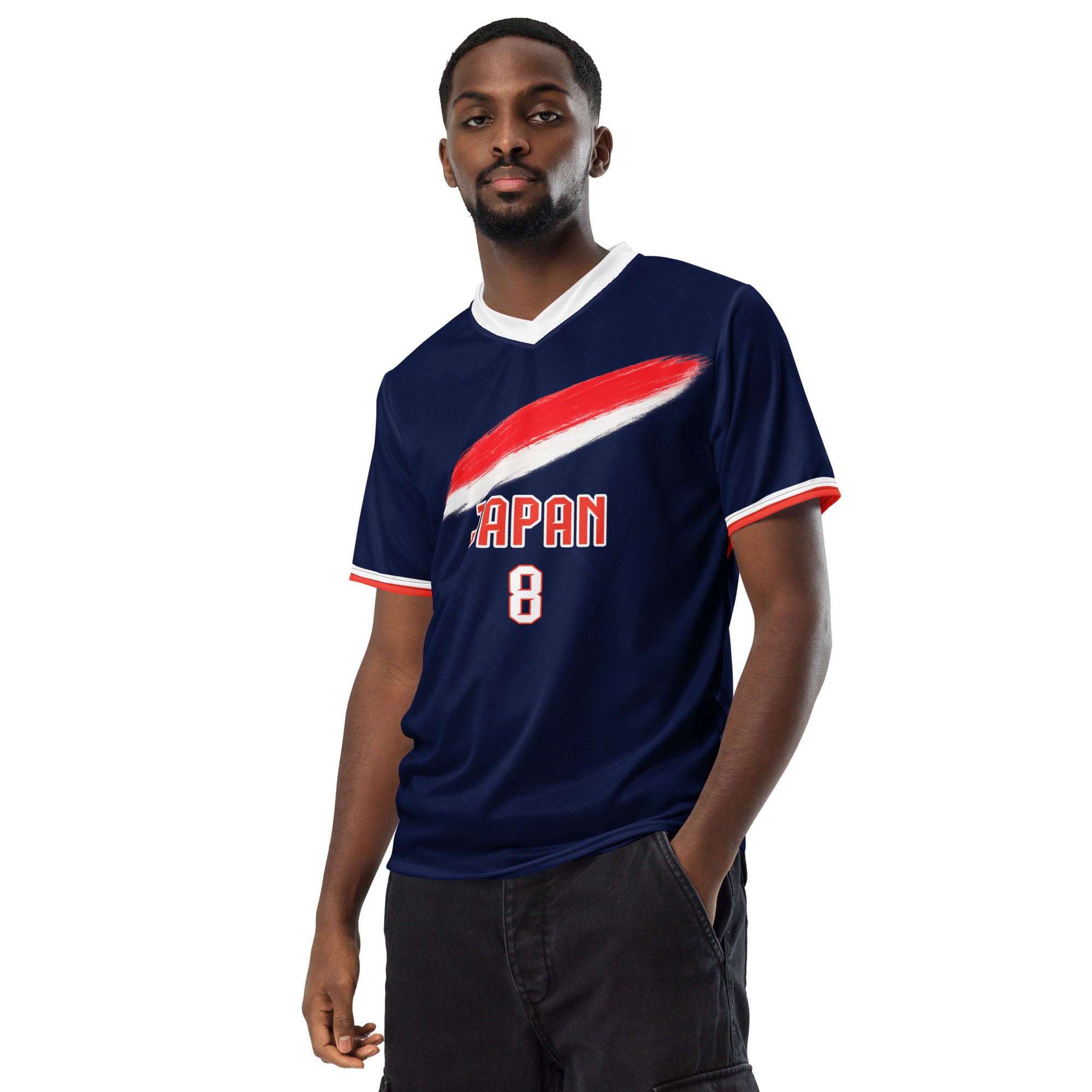 all-over-print-recycled-unisex-sports-jersey-Japan-Prime-edition-soccer-jersey-modern-minimalist-design-inspired-by-Japanese-aesthetics-premium-national-team-fanwear-model-front-view-male-model