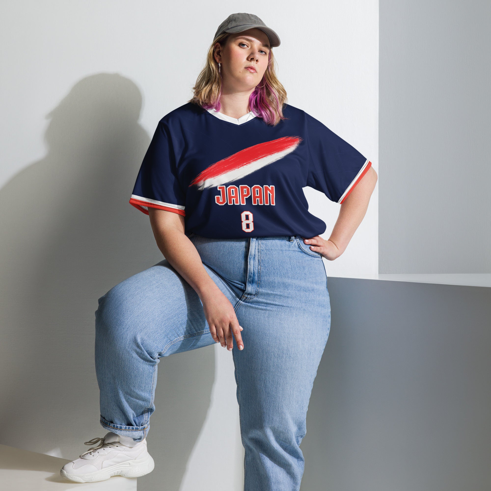 all-over-print-recycled-unisex-sports-jersey-Japan-Prime-edition-soccer-jersey-modern-minimalist-design-inspired-by-Japanese-aesthetics-premium-national-team-fanwear-model-front-view2-female