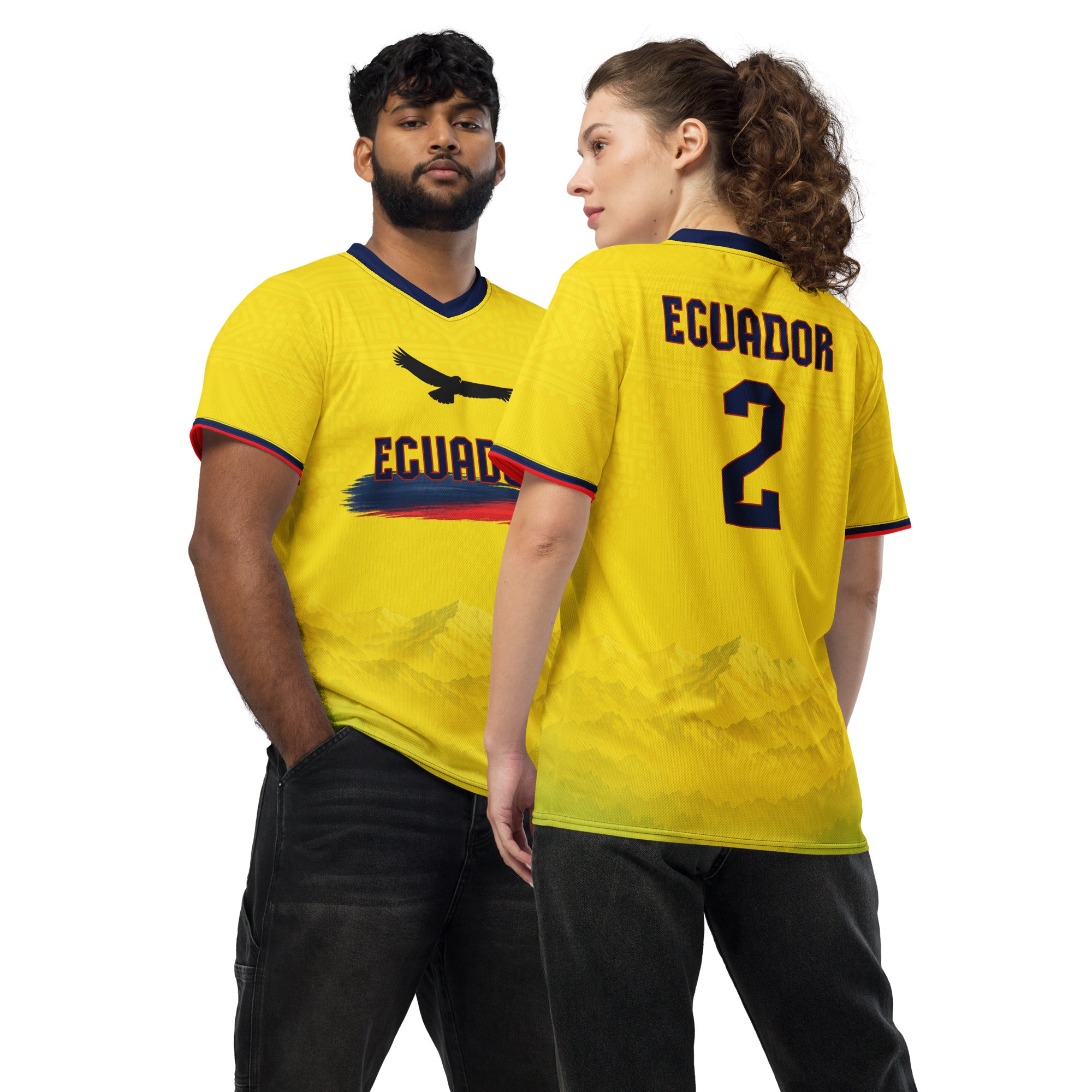 all-over-print-recycled-unisex-sports-jersey-Ecuador-Condor-soccer-jersey-yellow-base-with-mountain-silhouette-and-navy red-accents-premium-national-team-fanwear-front-and-back-view
