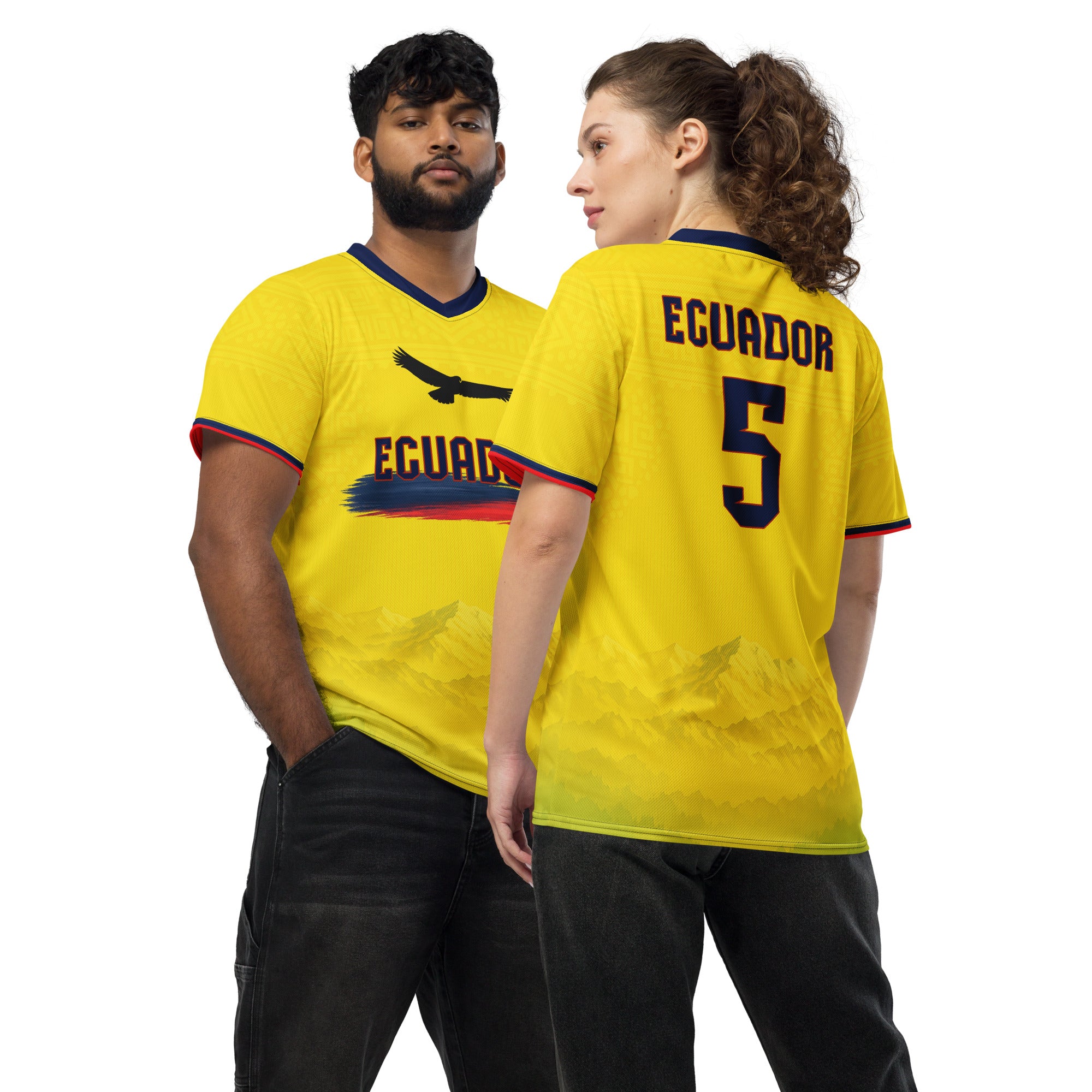 all-over-print-recycled-unisex-sports-jersey-Ecuador-Condor-soccer-jersey-yellow-base-with-mountain-silhouette-and-navy red-accents-premium-national-team-fanwear-front-and-back-view