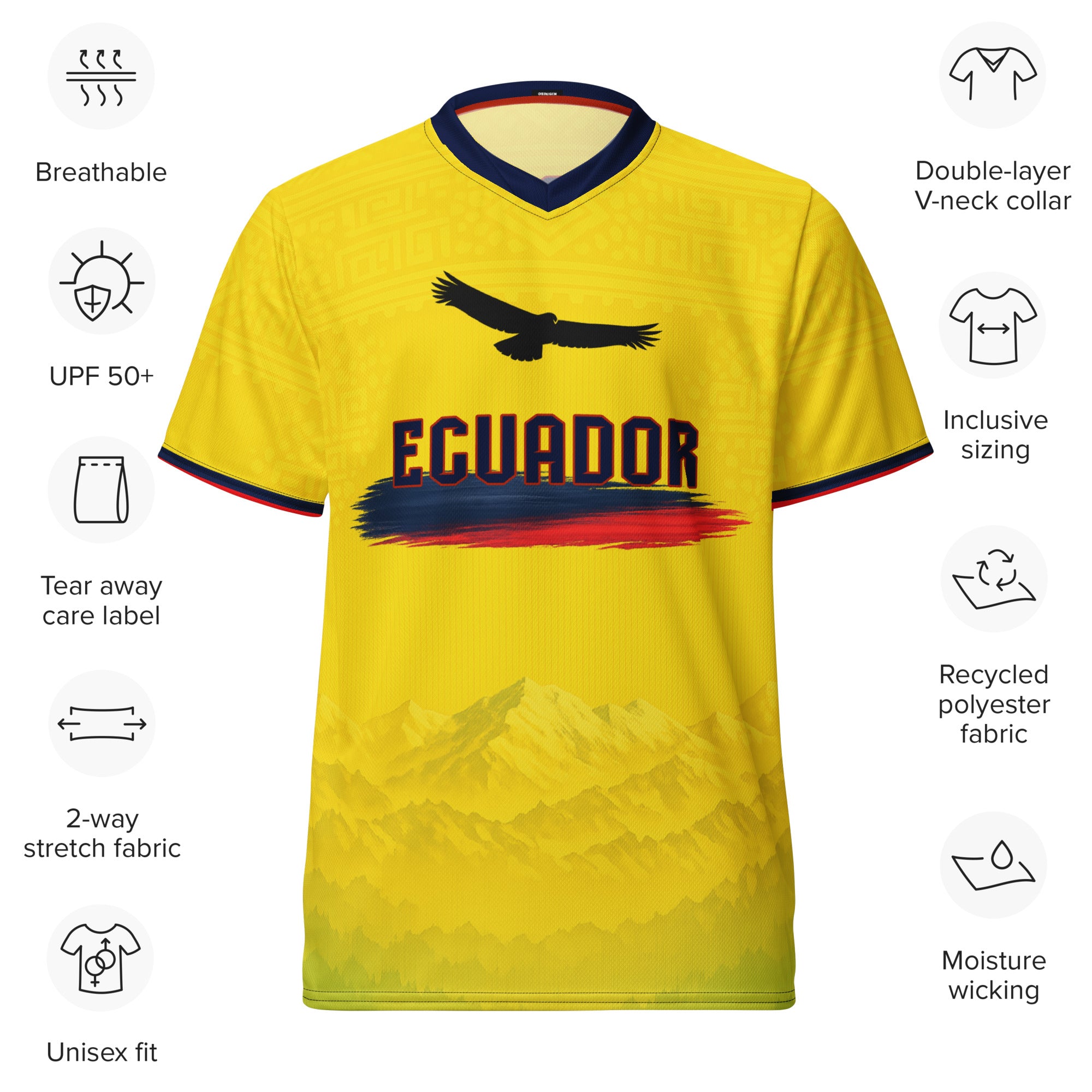all-over-print-recycled-unisex-sports-jersey-Ecuador-Condor-soccer-jersey-yellow-base-with-mountain-silhouette-and-navy red-accents-premium-national-team-fanwear-front-view