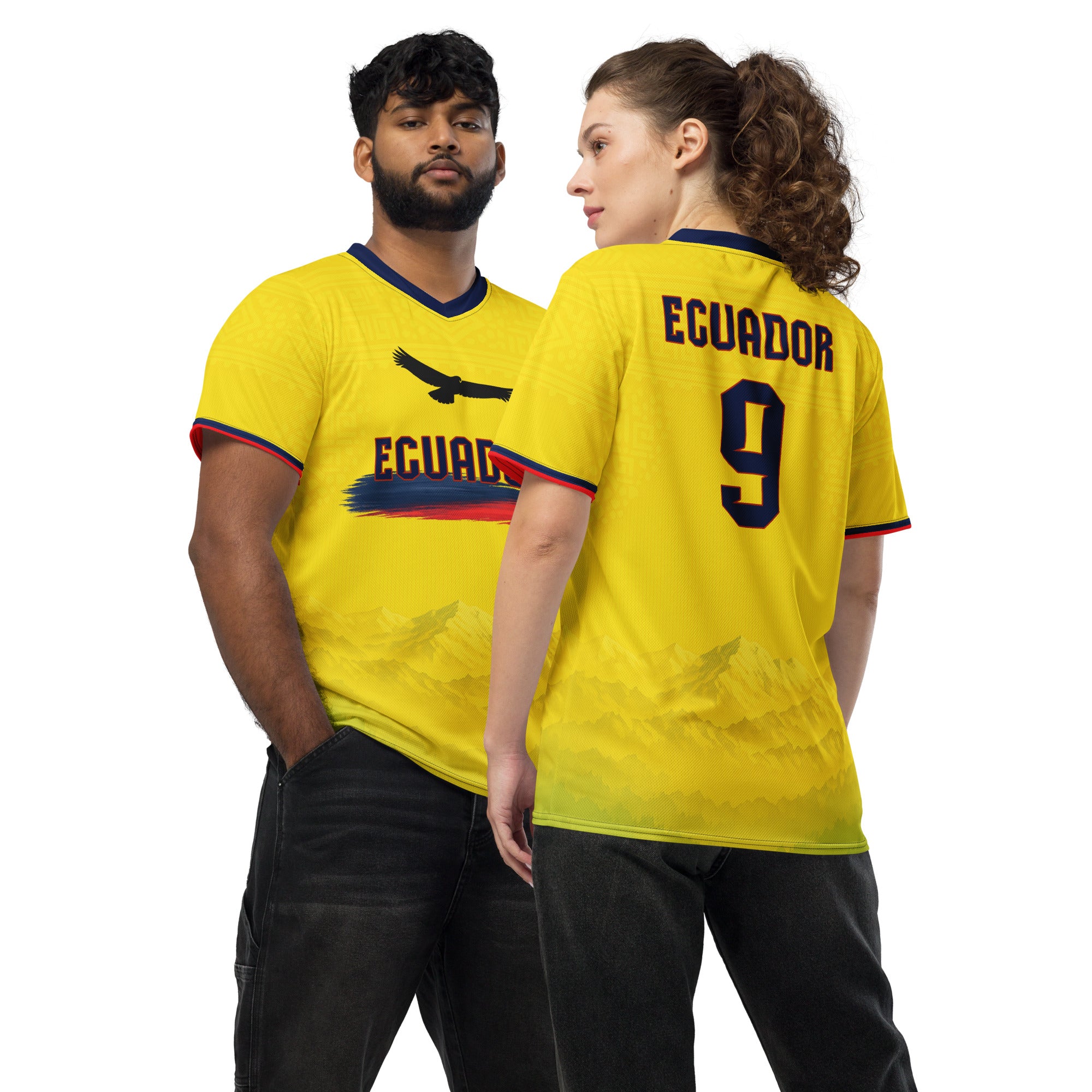 all-over-print-recycled-unisex-sports-jersey-Ecuador-Condor-soccer-jersey-yellow-base-with-mountain-silhouette-and-navy red-accents-premium-national-team-fanwear-front-and-back-view