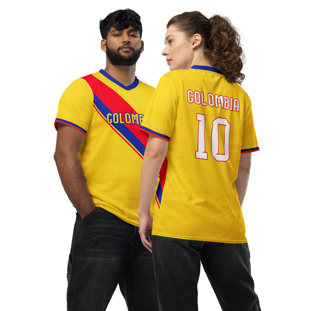 all-over-print-recycled-unisex-sports-jersey-Colombia-Pasión-Cafetera-soccer-jersey-golden-base-with-tricolor-sash-and-coffee leaf-motifs-premium-national-team-fanwear-front-and-back-view