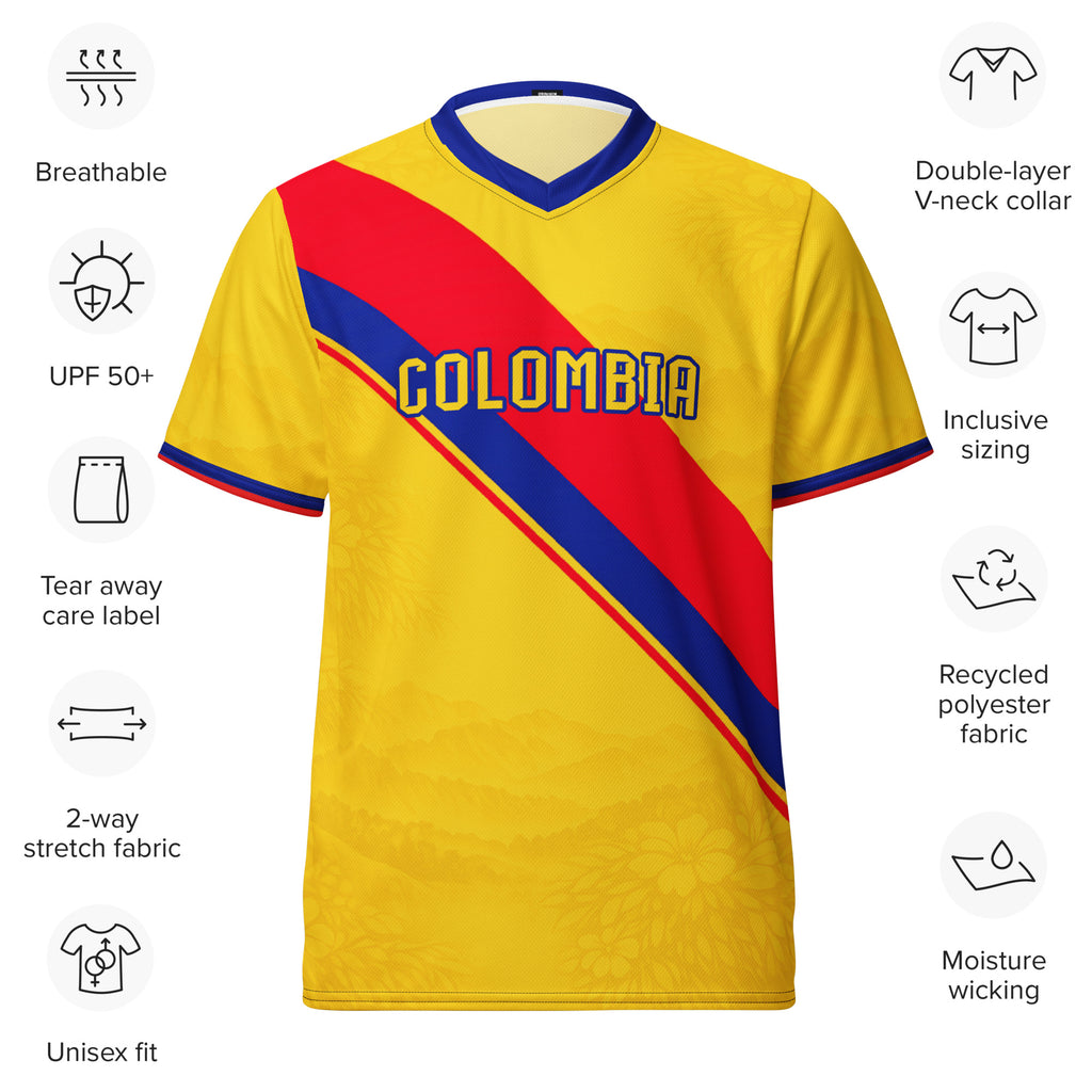 all-over-print-recycled-unisex-sports-jersey-Colombia-Pasión-Cafetera-soccer-jersey-golden-base-with-tricolor-sash-and-coffee leaf-motifs-premium-national-team-fanwear-front-view
