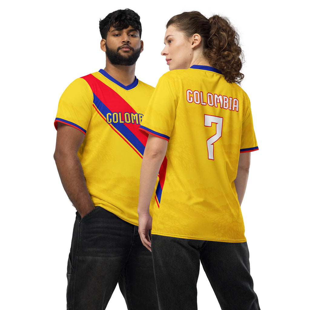all-over-print-recycled-unisex-sports-jersey-Colombia-Pasión-Cafetera-soccer-jersey-golden-base-with-tricolor-sash-and-coffee leaf-motifs-premium-national-team-fanwear-front-and-back-view