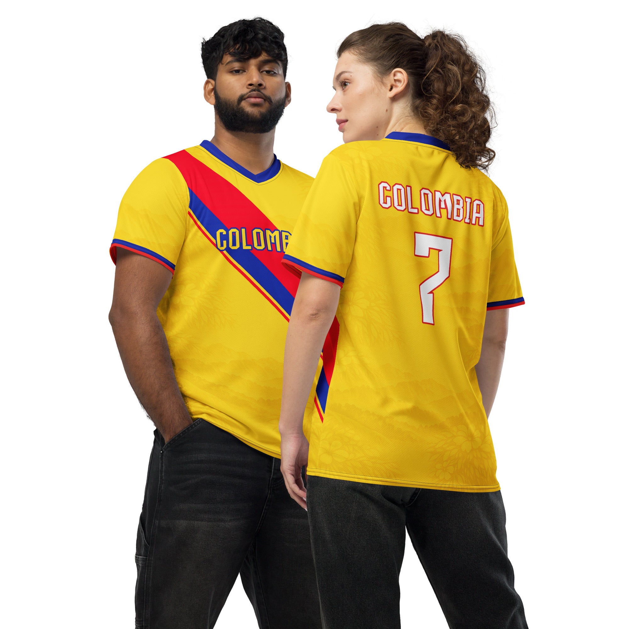 all-over-print-recycled-unisex-sports-jersey-Colombia-Pasión-Cafetera-soccer-jersey-golden-base-with-tricolor-sash-and-coffee leaf-motifs-premium-national-team-fanwear-front-and-back-view