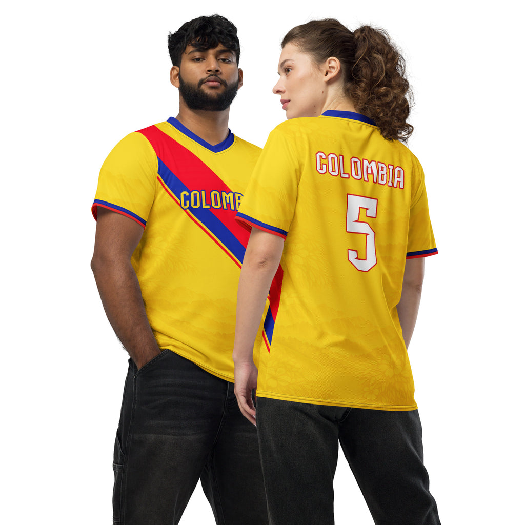 all-over-print-recycled-unisex-sports-jersey-Colombia-Pasión-Cafetera-soccer-jersey-golden-base-with-tricolor-sash-and-coffee leaf-motifs-premium-national-team-fanwear-front-and-back-view
