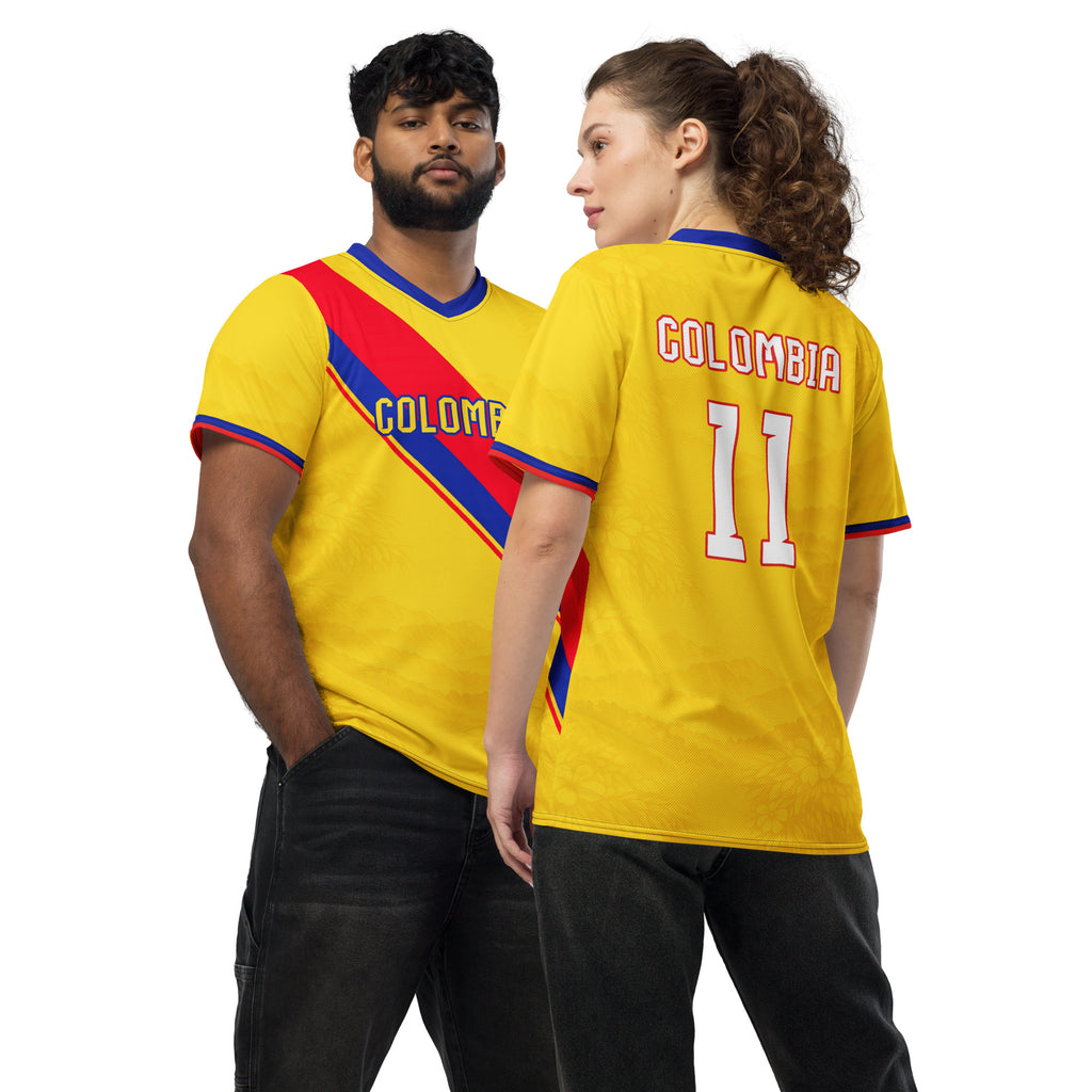 all-over-print-recycled-unisex-sports-jersey-Colombia-Pasión-Cafetera-soccer-jersey-golden-base-with-tricolor-sash-and-coffee leaf-motifs-premium-national-team-fanwear-front-and-back-view