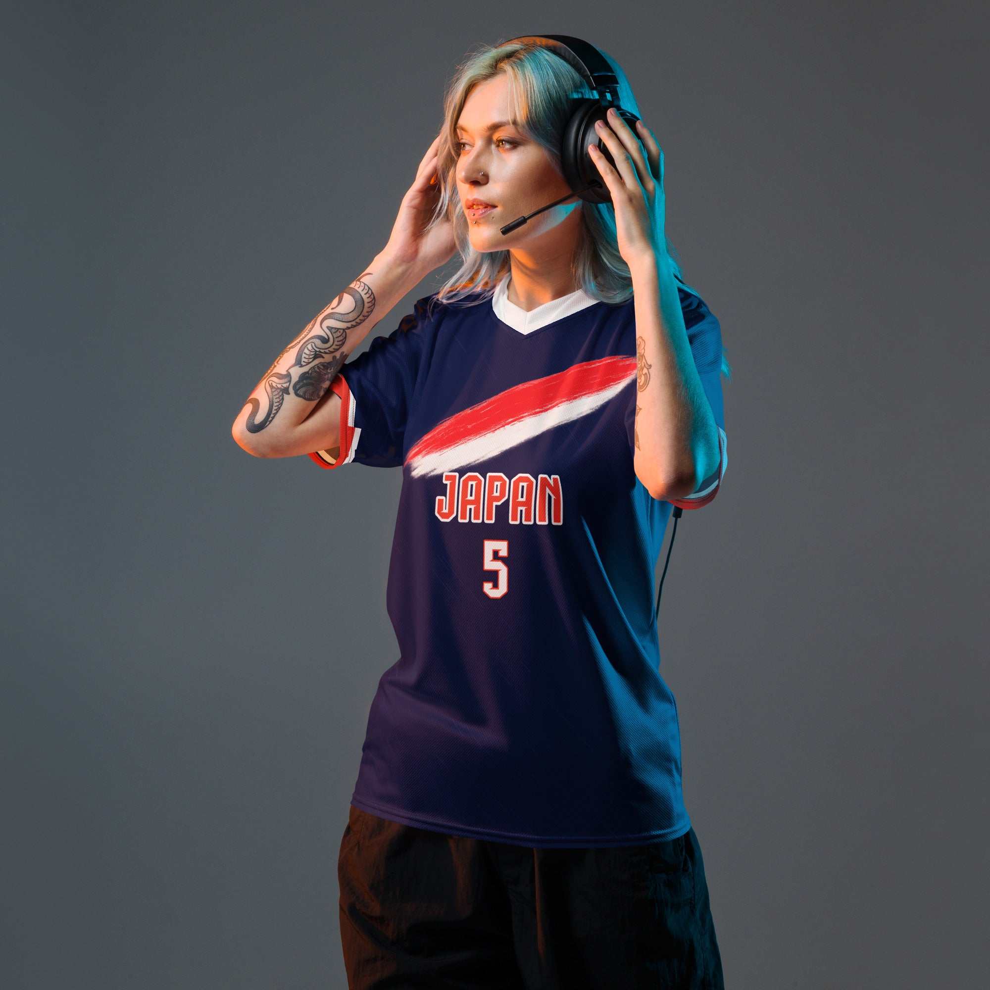 all-over-print-recycled-unisex-sports-jersey-Japan-Prime-edition-soccer-jersey-modern-minimalist-design-inspired-by-Japanese-aesthetics-premium-national-team-fanwear-model-front-view-female-model