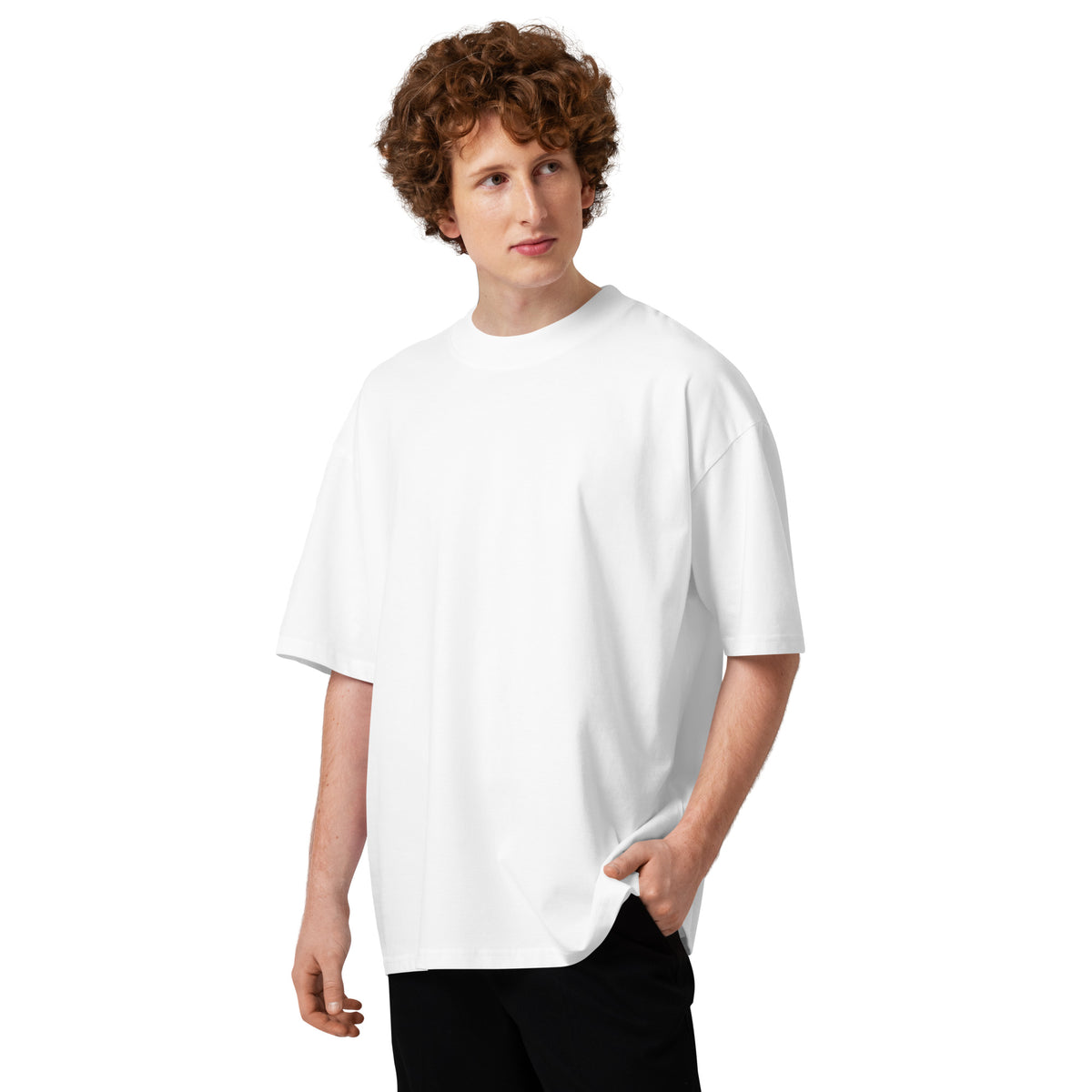 Front view of Oerigin's “Psalm 23” t-shirt. A male model wearing Oerigin’s plain white oversized cotton Christian streetwear t-shirt.