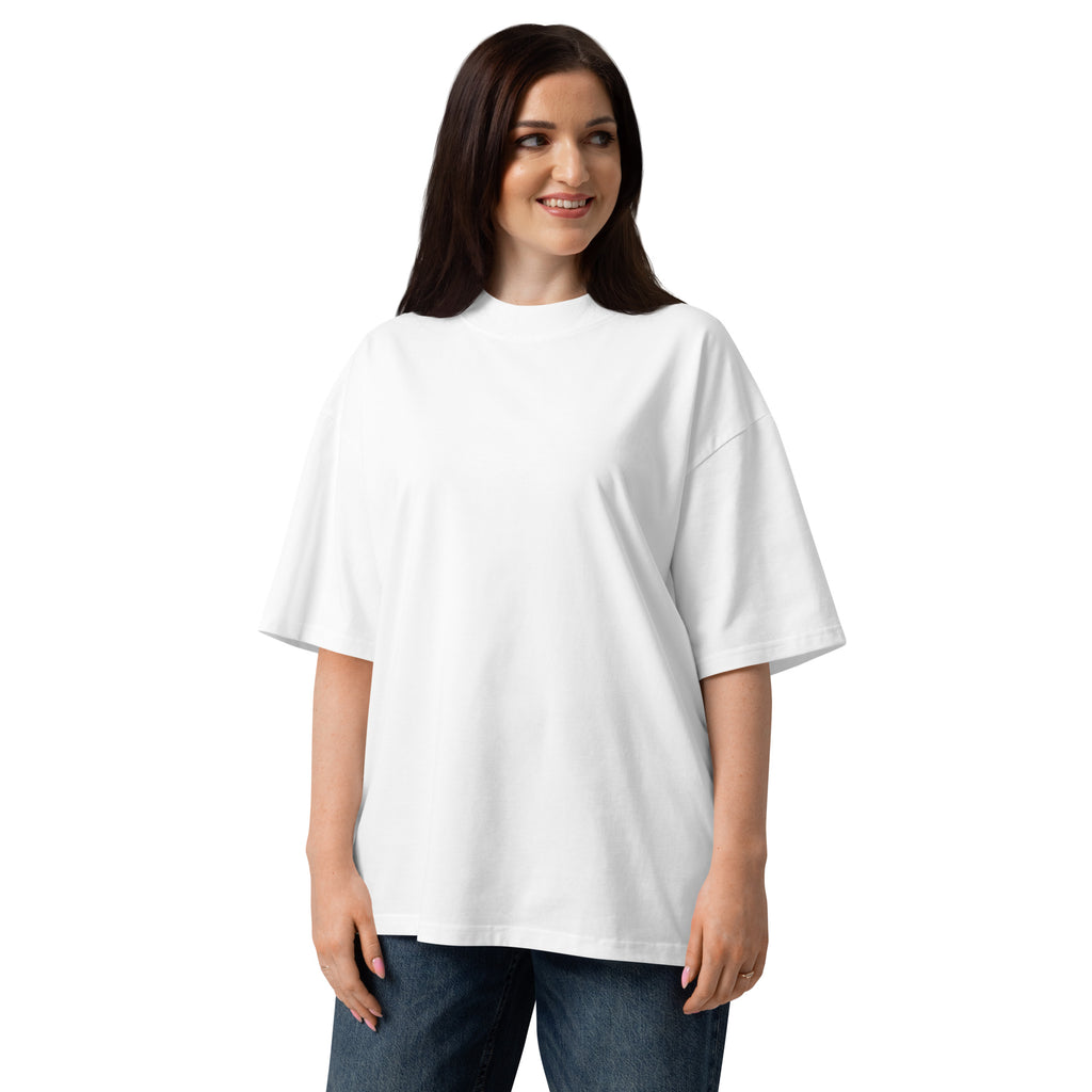 Front view of Oerigin's “Psalm 23” t-shirt. A female model wearing Oerigin’s plain white oversized cotton Christian streetwear t-shirt.